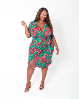 Plus Size Printed Lace up Dress V-neck Irregular Asymmetric Sexy A- line Dress