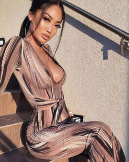 Plus Size Deep V Plunge Plunge Neck Tight Waist Trimming Printing Women Dress with Belt