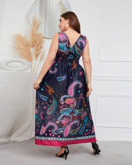 Plus Size Dress Deep V-neck Elastic Waist Girls Cinched Slimming Maxi Dress