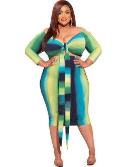 Plus Size Women Clothing Wrapped Chest Strap Sexy V-neck Striped  Dress
