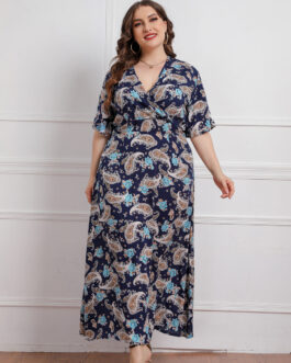 Plus Size Summer  Women V neck Girls Printed Short Sleeve Dress