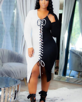 Plus Size Women Clothing Sexy Solid Color Block Splicing Machine Eye Strap Dress Women Dress