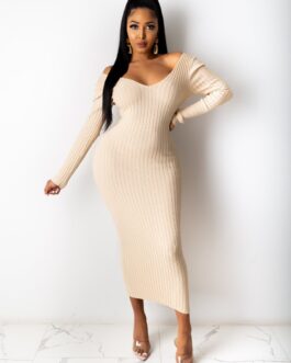 Plus Size Fall Winter V neck Off Shoulder Thread Sexy Dress