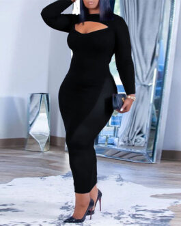 Plus Size Women Autumn Black Mid-Length One-Step Dress Office Solid Color Voile Dress