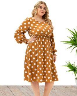 Plus Size Autumn  Women Clothes Long Sleeve Polka Dot Midi Dress Smocking Dress