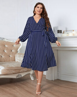 Plus Size Office Striped Loose V neck Belt Women Dress