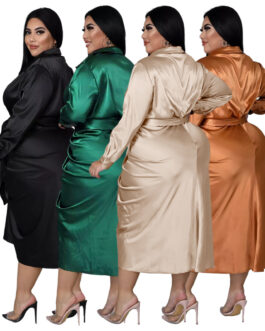 Plus Size Nightclub Uniforms Reflective Silk Pleated Lace-up Shirt Dress