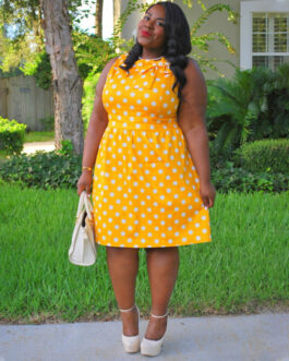 Plus Size Wish  Vintage Print Stitching Bow  Dress Dress