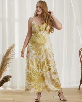 Plus Size Sundress  Sexy V Neck Spaghetti Strap Floral Print Pocket Dress