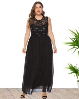 Plus Size Summer  Women Clothes Sleeveless Sequin Lace Chiffon Stitching Dress