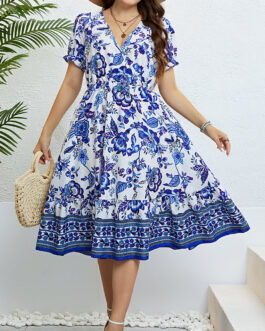 Summer V neck Half Cardigan Waist Slimming Dress