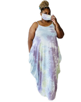 Plus Size Sundress Women Clothes Popular Tie-Dye Printed Loose Strap Ladies Irregular Asymmetric Dress