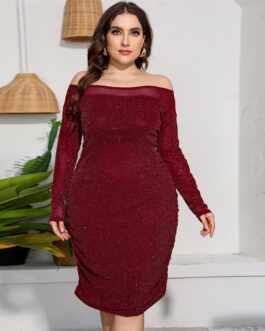 Plus Size Women Dress off-Shoulder Long Sleeve Slim Package Hip Pleated Hollow Out Cutout out Diamond in the Debris Sexy