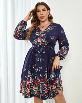 Plus Size  Floral Dress Tight Waist V neck Long Sleeve Autumn Winter