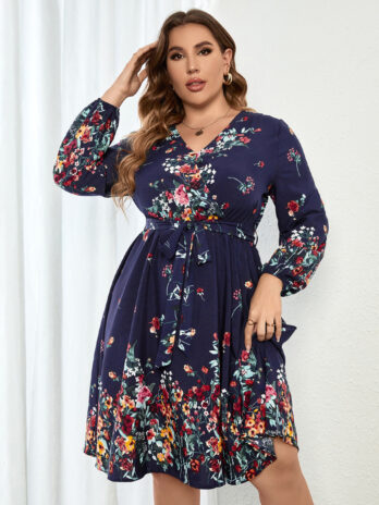 Plus Size  Floral Dress Tight Waist V neck Long Sleeve Autumn Winter