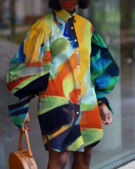 Plus Size New  Lantern Sleeve Abstract Printing Retro Office Women Loose Shirt Dress