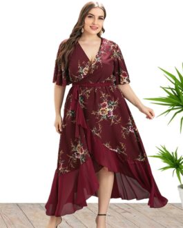 Plus Size Women Clothes Summer V-neck Ruffled Irregular Asymmetric Pattern Print Dress Maxi Dress