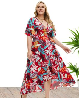 Plus Size Women Summer Short Sleeve Printed Wrap Dress