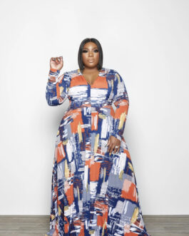 Plus Size Women Clothing Autumn Winter Irregular Asymmetric Color Printed Mop Hem Loose Women Dress
