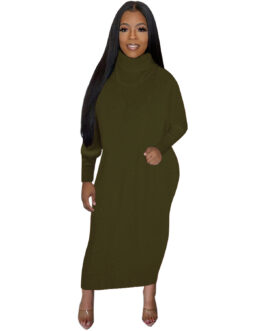 Plus Size Solid Color High Collar Knitted Dress Sweater Batwing Sleeve Sheath Maxi Dress Female
