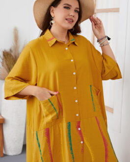 Plus Size Irregular Asymmetric Chubby Girl Dress Black Office Solid Color Woven Collared Women Half Sleeve Dress