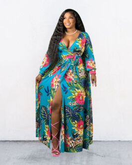 Plus Size Summer Floral Leaf Print Loose  Dress with Belt