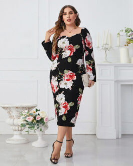 Plus Size Printed Square Collar Tight Waist Sheath Long Sleeve Dress
