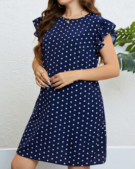 Summer Polka Dot Ruffled Dark Blue Short Dress Women