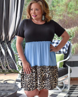 Plus Size Woman plus Size Dress Women Loose Leopard Print Contrast Color Casual Knee Length Dress